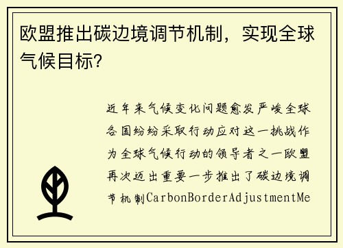 欧盟推出碳边境调节机制，实现全球气候目标？
